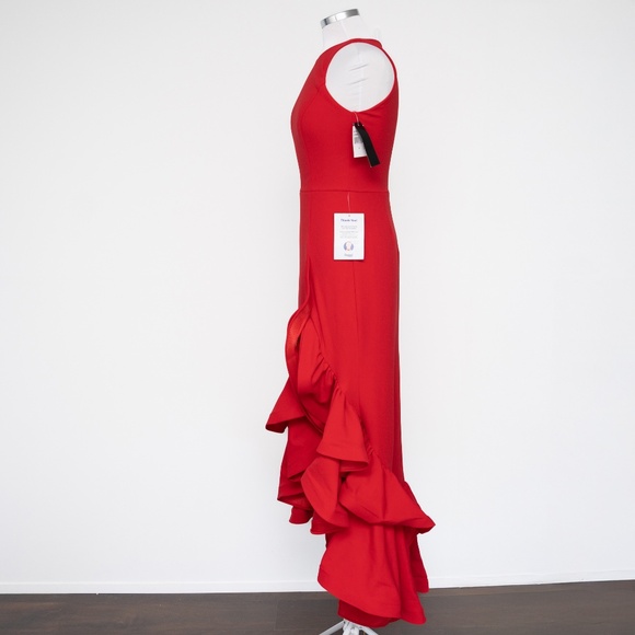 Betsy & Adam Arielle Scuba Crepe Ruffle Slit Gown - Picture 11 of 11